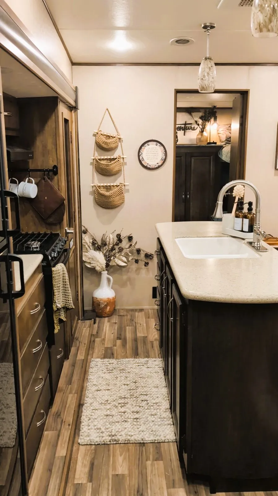 Inside the rental camper: the galley, with the sink and counter along one side