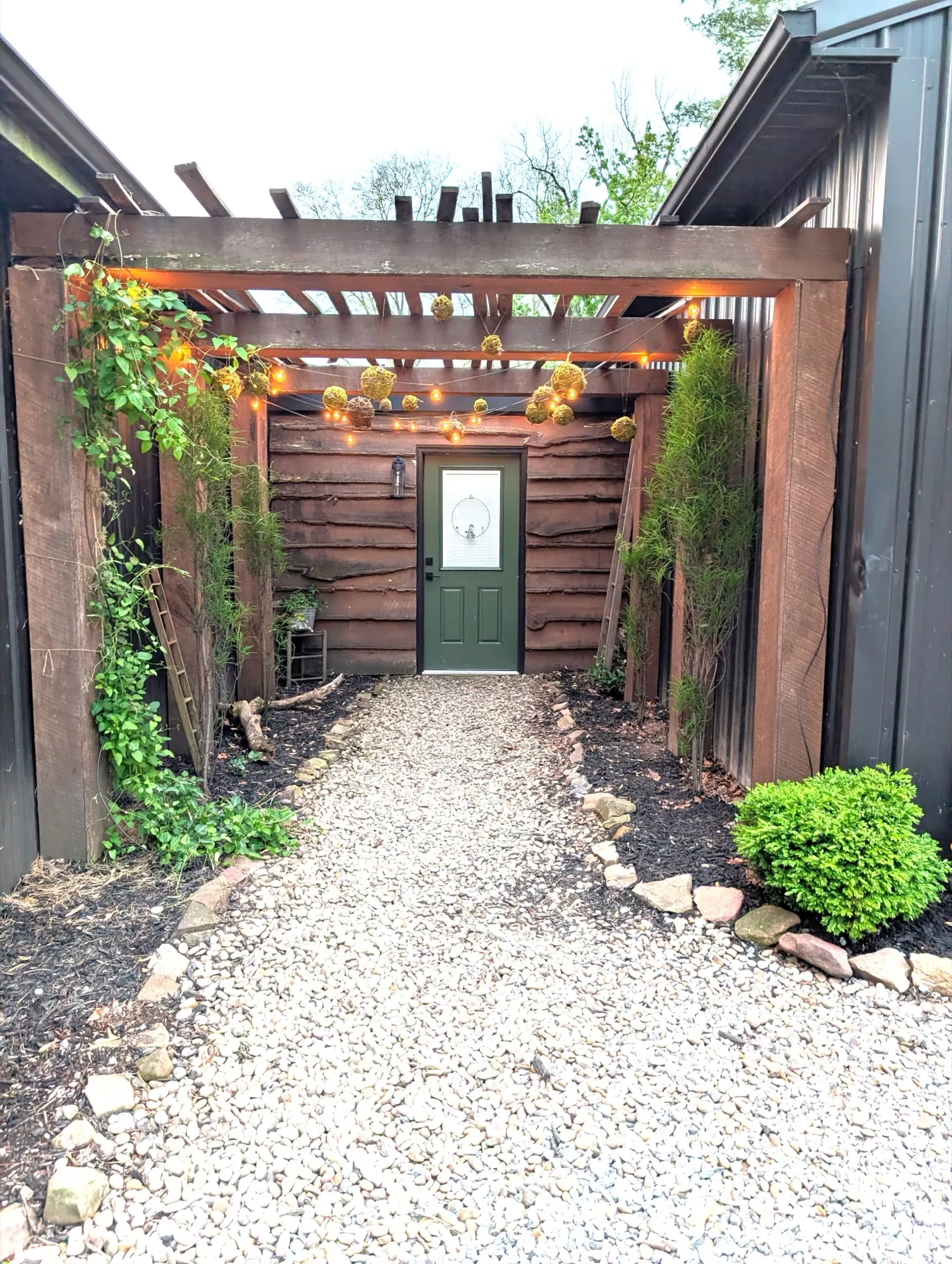 A gravel path under a string-lit pergola to a green door between the buildings